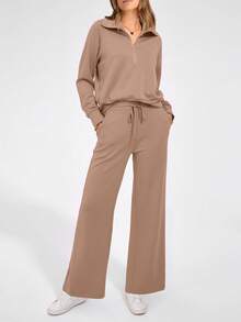 Women's 2 Piece Outfits Casual Lapel Half Zip Sweatshirts And Wide Leg Pants Tracksuit Sets - 卡其色 - 查看 4
