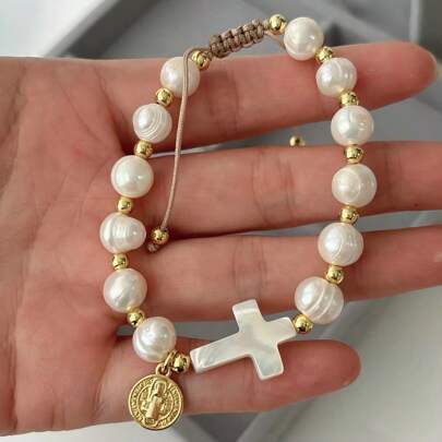 1pc Fashionable Jesus Mary Charms Religious Fresh Water Pearl Bracelet Cross Shaped Bead Charm Bracelet