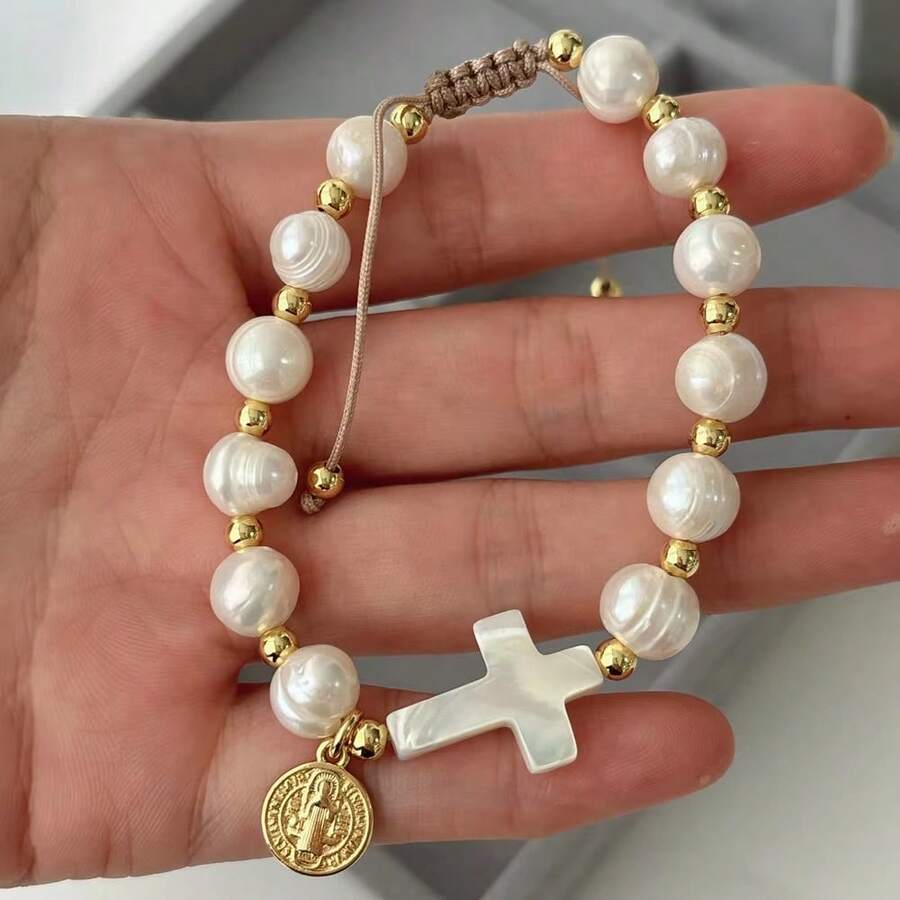 1pc Fashionable Jesus Mary Charms Religious Fresh Water Pearl Bracelet Cross Shaped Bead Charm Bracelet