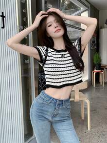 女式撞色条纹圆领插肩针织打底 T 恤，全新夏季百搭上衣 - 黑與白 - 查看 8