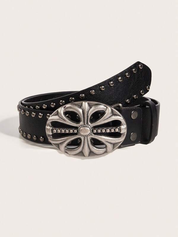 1 Stück Punk-Stil Herren Blumen Kreuz Schnalle Lässiger Retro Schwarzer Ledergürtel, geeignet für S, Halloween, Musikfestivals, Accessoire Taillengürtel für den täglichen Pendlerverkehr Herbst-Winter Accessoires, geeignet für Teenager, Jugendliche, Herren, Lässig, Outdoor, Sport, Urlaub, Abschlussgeschenke, Geburtstag, Alltagskleidung