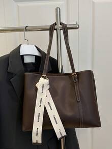 女士多功能纯色手提包，PU 皮革多隔层单肩包，配有丝巾装饰，轻便大容量手提包，适合日常办公使用，时尚防水耐用方形手提包，母亲节的绝佳礼物。 - 咖啡 - 查看 7