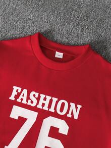 2 pezzi/set Felpa girocollo a maniche lunghe con stampa Fashion76 e pantaloni lunghi con patchwork, outfit sportivo casual, moda e personalizzato, adatto per attività all'aperto, 7-11 anni