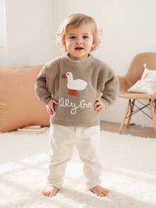 Toddler Baby Boy Girl Goose Outfits Sweater Silly Goose Embroidery Long Sleeve Sweatshirt Chunky Knit Pullover Tops - 卡其色 - 查看 6
