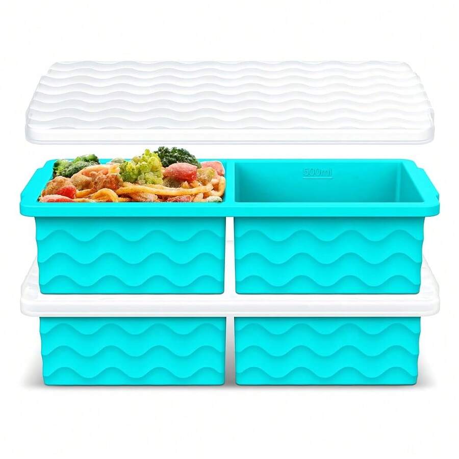 Silicone Freezer Tray For Soup With Lid - 2 Cup Soup Freezer Container Molds - Extra Large Ice Cube Tray - Silicone Freezer Food Molds For Freezing & Storing Soup, Sauce, Broth, Leftovers (2 Pack)-814352 - AquaBlue - 查看 1