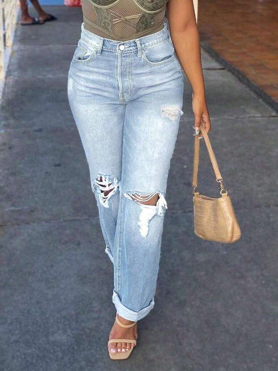 Womens Jeans,Jeans>Low Rise,Loose-Fitting Straight-Leg Casual Trousers Jeans, Hole Stretchy Solid Color Pans, Slimming And Cute Outfit,Wide Leg Jeans Woman, Slimming And Cute Outfit,Jeans Peteite,Stylish And Elegant, Suitable For Western Women, Outdoor Wear, Street Style, New Year's, Y2K Clothes,Christmas, Vacations, Holidays, Parties, Nightclubs,Thanksgiving, Clubs, Country Music Concerts, And Autumn Wear. - 淺色水洗藍 - 查看 1