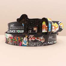 Halloween Decoration Goth Leopard Print Western Cowboy Belts For Women Luxury Designer Brand Diamond Bling Bling Belt Y2K Goth Girls Rhinestones Belts Men With Dog Shape Buckle Autumn-Winter Accessories,Suitable For Teens, Youth,Men,Casual, Outdoor, Athletic, Vacation, Graduation Gifts, Birthday, Daily Wear