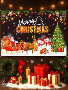 1pc Christmas Decoration Backdrop Fabric, Santa Claus& Snowman& Christmas Tree Pattern Banner, Merry Christmas Party Backdrop Decoration, Christmas Photography Props, Christmas Garage Door Decorations, Patio Decorations, Christmas Living Room Wall Decoration Hanging Fabric, Room Decorations, Home Decor, 2026 New Year Decor, Christmas Hanging Decor, Xmas Gifts