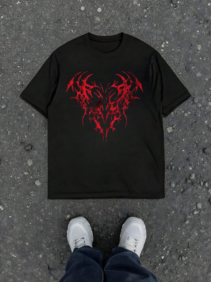 Red  Heart Graphic 220g Inspired By Dark Fantasy Aesthetics And Intricate Patterns Showcasing A Love Symbol Crafted With Sharp Edges And Fiery Hues Tshirt - màu đen - Xem 1