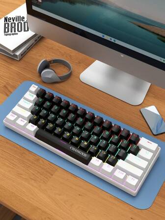  CHANGXIE 61-tangenters trådbundet vitt, svart och blått vattentätt mekaniskt tangentbord RGB-belyst spel- och kontorskit gamer bakgrundsbelyst mekaniskt tangentbord, lämpligt för hem, kontor och spel