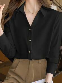 Camisa de manga larga con botones delanteros de unicolor y estilo sencillo para uso diario de mujeres