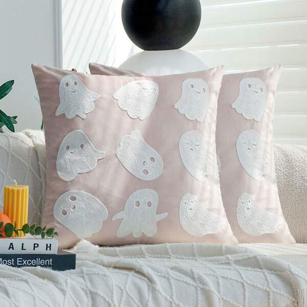 Halloween Ghost Embroidered Pillowcases 2pcs Velvet 18x18 Inch Soft Decor Covers For Sofa Bed Halloween Decor 2025 Festive Home Decor, No Insert