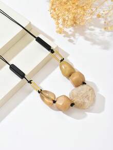 1 件波西米亚夸张时尚不对称树脂卡其石绳项链，适合女性日常和派对佩戴 - 卡其色 - 查看 3
