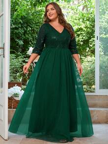 Vestido formal de gala de talla grande para mujer, con lentejuelas y corte evasé - Verde Oscuro - Ver 10