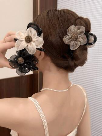 Juego de 3/6 piezas de elegantes pasadores para el cabello con flores de malla y rhinestones, pinzas de estilo moderno para coleta, moño, accesorios para el cabello de verano, pinzas para el cabello de moda, accesorios de otoño, pasadores para el cabello de invierno, accesorios para atuendos de vacaciones para mujer