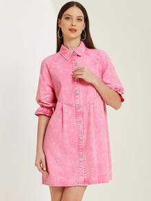 Women's Denim Dress 3/4 Lantern Sleeve Babydoll Mini Jean Shirt Dresses - Pink - View 2