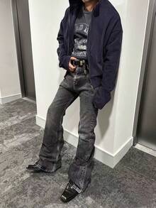 男士复古水洗雪花宽松版型复古街头风美式休闲低腰喇叭牛仔裤，弹力修身喇叭裤，2025春季新款，适合送给丈夫或男友 - 深灰色 - 查看 5