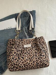 时尚条纹手提包 - 女士大容量单肩包 - 日常使用的拉链托特包 - 金属链条托特包 简约链条单肩托特包 适合少女、女大学生、新秀和白领人士 非常适合办公室工作、商务通勤 女士最佳工作包 秋季钱包 冬季猎豹印花豹纹 - 棕色 - 查看 5