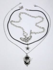 3pcs Gothic Style Vintage Skull, Butterfly, Rhinestone, Black Gem, Bat Pendant Necklace Set, Creative Halloween Gift For Women - Silver - View 3