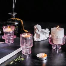 1pc European Minimalist Pink Glass Candlestick - Romantic Candle Light Prop For Home Dining Table, Candle Cup, Popular B&B Decor