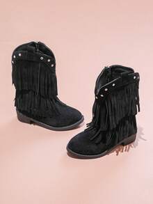 1 par de botas vaqueras occidentales con flecos para adolescentes, diseño de moda y minimalista, cómodas para niñas - Negro - Ver 4