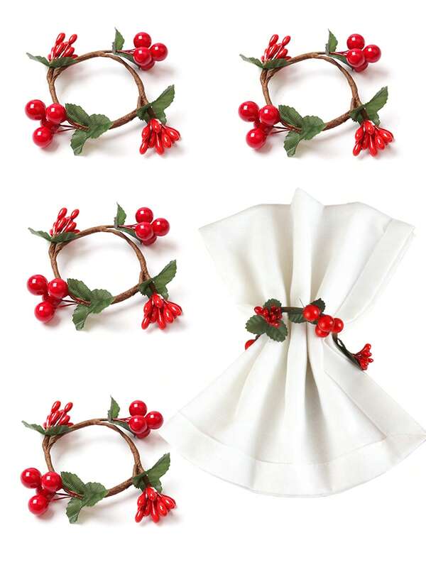 1/2/4pcs Christmas Rattan Flower Wreath Napkin Rings, Suitable For Christmas Table Decoration Napkin Holders, Christmas Pine Cone Wreath Napkin Clips, Green Grass Wreath Napkin Holders, Christmas Party Napkin Rings