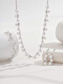 4 件优雅仿珍珠首饰套装 - 项链、耳环、手链，适合女士婚礼、派对、宴会 - 857747銀色仿珍珠耳環項鍊手鍊 - 查看 5