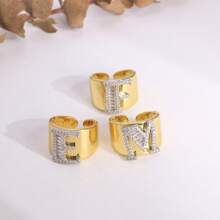 1 Pc New Arrival Two Tone Pave Initial Letter Ring Vintage Style Adjustable Open Metal Rings - Letter Type - View 6