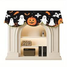 1 Black Orange Halloween Fireplace Scarf With Pumpkin Lantern, Bat And Spider Web Patterns, Made Of Polyester Fabric, Suitable For Halloween Decoration, Party Supplies, Table Flags Or Fireplace Covers, Perfect For Home Living Room Fireplace Door And Window Decoration