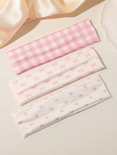 3 件学院风条纹 + 心形蝴蝶结印花女士运动头带，休闲百搭，适合日常生活、街舞、旅行、装饰性发饰秋季配饰女士发带秋季头巾女士头巾时尚头巾秋季头带冬季度假装女士