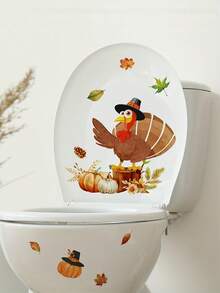 1pc Halloween Adorable Turkey & Pumpkin Maple Leaf -PVC Self-Adhesive Waterproof Removable Bathroom Decal , Suitable For Toilet Lid Sticker, Window Sticker,Bedrooms, Home Decoration, Festive Decoration, Etc