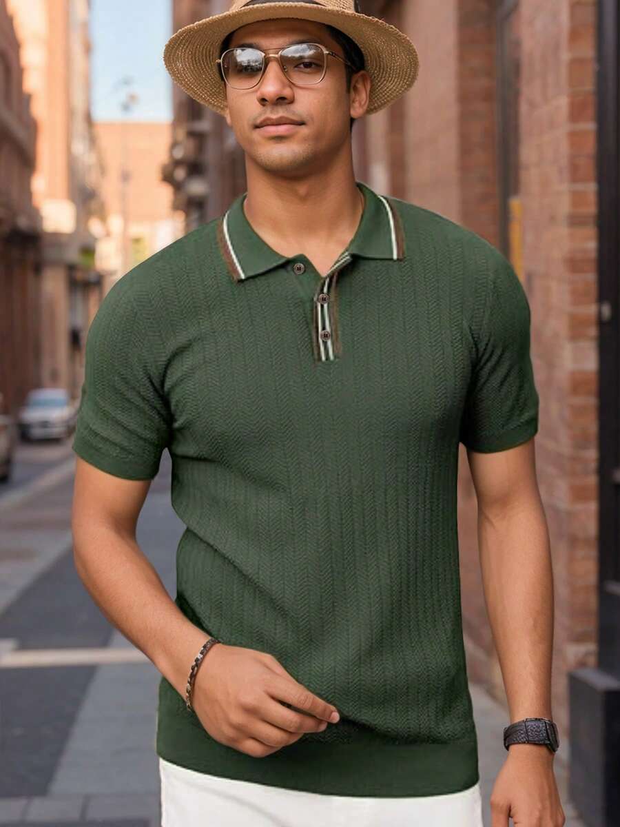 hoteel Mens Knitted Short Sleeve Textured Pullover Polo Shirt Comfortable Stylish Pullover Top For Casual - xanh quân đội - Xem 1