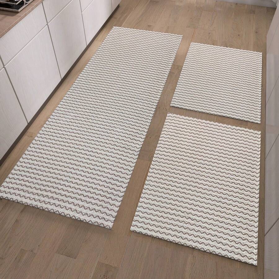 3-Piece 100% Cotton Runner Set – Decorative Rugs For Kitchen, Bathroom Or Laundry Room - Beige/Natural - Ver 1