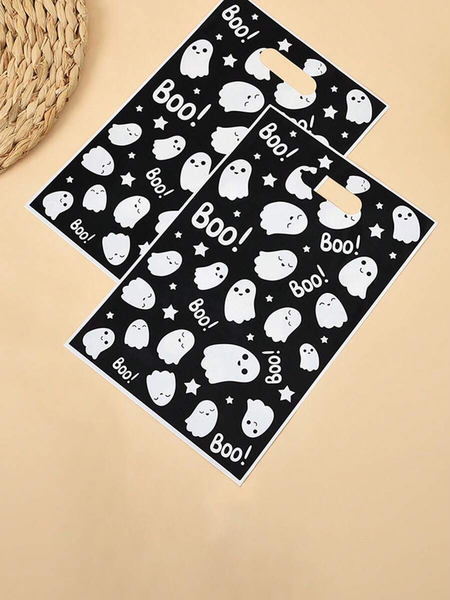 50pcs Cartoon Ghost Print Candy Gift Bags, Halloween Party Favor Treat Bags, Food Candy Packaging Bags - Black and White - View 1