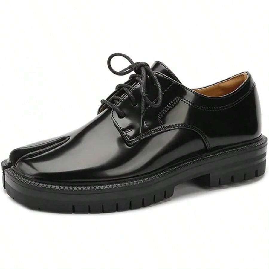 Split Toe Loafers For Women Tabi Shoes Platform Chunky Heel Loafers Lace Up Business Casual Black Leather Shoes - 黑色 - 查看 1