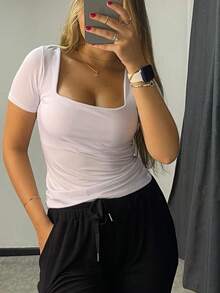 Kit Of 3 Basic Suplex Blouses, Square Neckline, Short Sleeve, Lined - HỒNG-TRẮNG-ĐEN - Xem 5