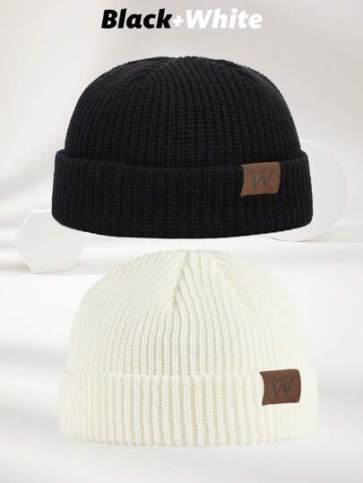 2pcs Men's Leather Label W Pumpkin Knit Hats, Outdoor Casual Fashion Soft Warm Autumn/Winter Beanie Suitable For Daily Wear Fall Outfit