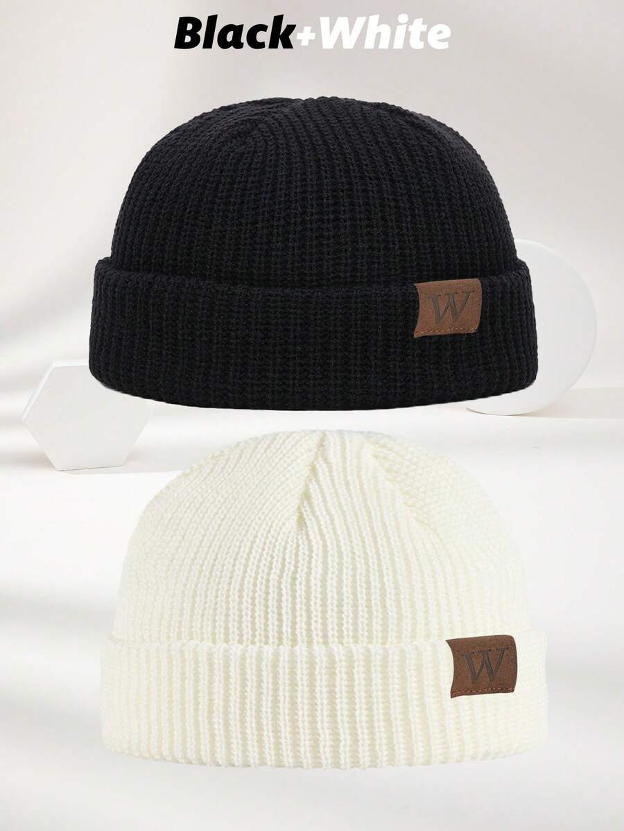 2 件男士皮革标签南瓜针织帽，户外休闲时尚柔软保暖秋冬帽适合日常穿着秋季服装 - 黑色+白色 - 查看 1