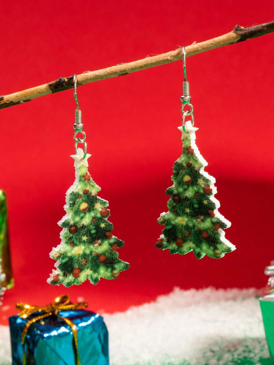 1 Pair Acrylic Candy-Colored Christmas Tree & Colorful Geometric Christmas Tree Earrings, Suitable For Christmas Family Wear