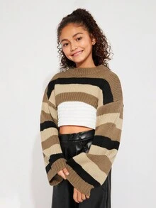 Radiana Tween Girls Brown Color Stripe Pattern Drop Shoulder Super Crop Y2K Grunge Sweater, Suitable For Daily Wear, Casual Occasion - Khaki - View 3