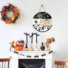 Placa "Hey Boo" de Fantasma para Decoração da Porta da Frente no Halloween, Pendurador de Porta de Madeira com Teia de Aranha Assustadora para Varanda Externa, Decoração de Parede Interna Engraçada de Guirlanda de Madeira para Festa