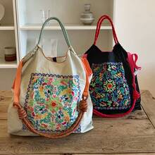 Bohemian Women's Shoulder Bag Embroidered Pattern Nylon Bag Large Capacity Cloth Bag Lightweight Foldable Storage Bag Commuter Bag Fashion Bag Travel Bag,Large-Capacity Handbags, Commuter Bags, Ladies' Bags