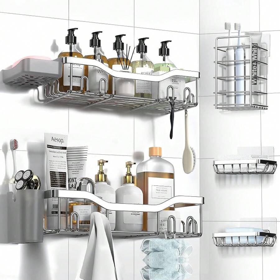 Shower Caddy Adhesive Shower Organizer 7-Pack, Rustproof Stainless Steel Bathroom Shelves, Large Capacity No-Drill Rack Storage Accessories With Soap Dish Toothbrush Holder &24 Hooks Home Decor - 銀色 - 查看 1