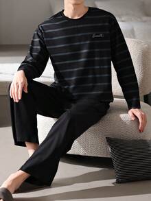 AICJ 2 件男士休闲宽松条纹圆领长袖套头衫和长裤睡衣套装，适合派对、居家、旅行、春季、秋季、冬季、秋季服装 - 黑色 - 查看 1