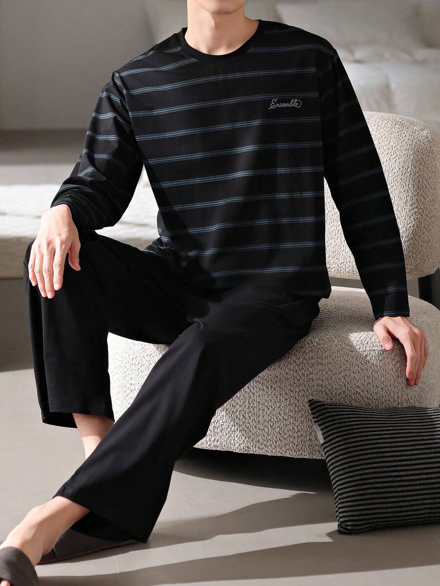 AICJ 2 件男士休闲宽松条纹圆领长袖套头衫和长裤睡衣套装，适合派对、居家、旅行、春季、秋季、冬季、秋季服装 - 黑色 - 查看 1