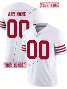 Top de Futebol Americano Masculina Bordada com Nome & Número, Camiseta Branca de Manga Curta com Decote em V Personalizada para Treinamento de Partidas Esportivas, Tamanho P-GG Verão - Branco - Visão 2