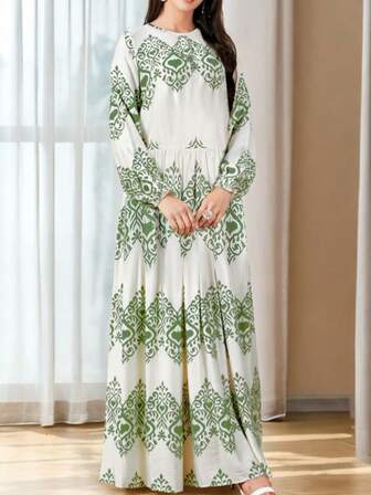 Vestido de estilo medio oriental con estampado y decoración con flecos para mujeres, túnica musulmana holgada de manga larga