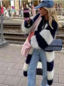 Áo len cardigan dài họa tiết khối màu cỡ lớn, chất liệu dệt kim mềm mại thời trang có tay áo lồng đèn - Áo len cardigan dài tay họa tiết sọc đen trắng, thiết yếu cho mùa thu/đông, vải dệt kim màu tương phản, áo len cardigan dệt kim gân cỡ lớn dành cho nữ, thích hợp cho ngày lễ, mùa xuân/thu - Xanh và trắng - Xem 5