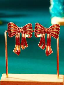 2 件时尚可爱的圣诞滴油蝴蝶结吊坠耳环，适合女性在圣诞节、节假日、日常和派对上佩戴 - 金色 - 查看 3