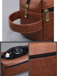 男士防水旅行洗漱包便携式化妆品收纳包拉链手提包复古缝线PU皮革洗漱包大容量旅行商务男士便携式洗漱包男士礼物圣诞袋防水背包复古男士礼物情人节 - 彩色 - 查看 7